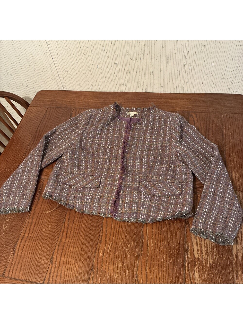 Cato Tweed Open Front Jacket Women’s L Lilac  Frayed Fringed Lined Pocket Flaps